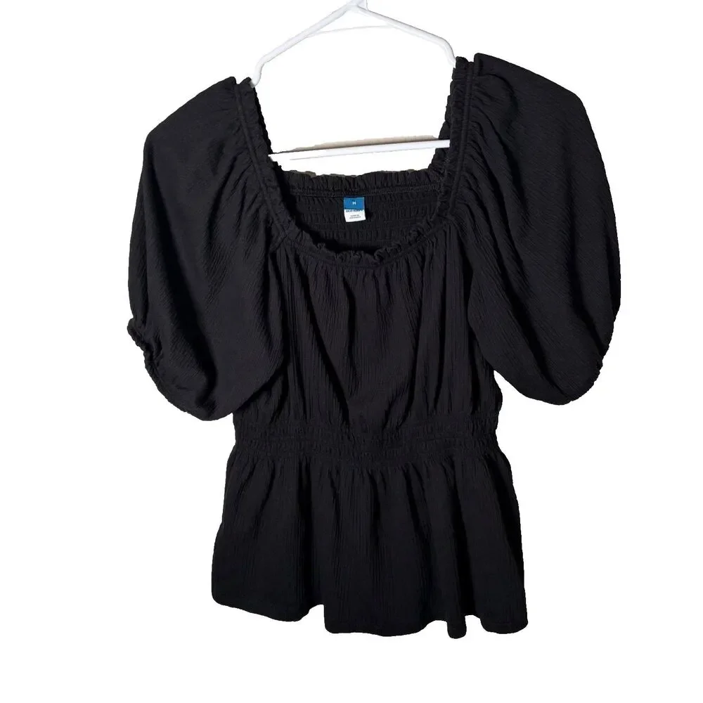 Old Navy Blouse Women's Medium Black Puff Sleeve Round Neck Smocked Top Shirt